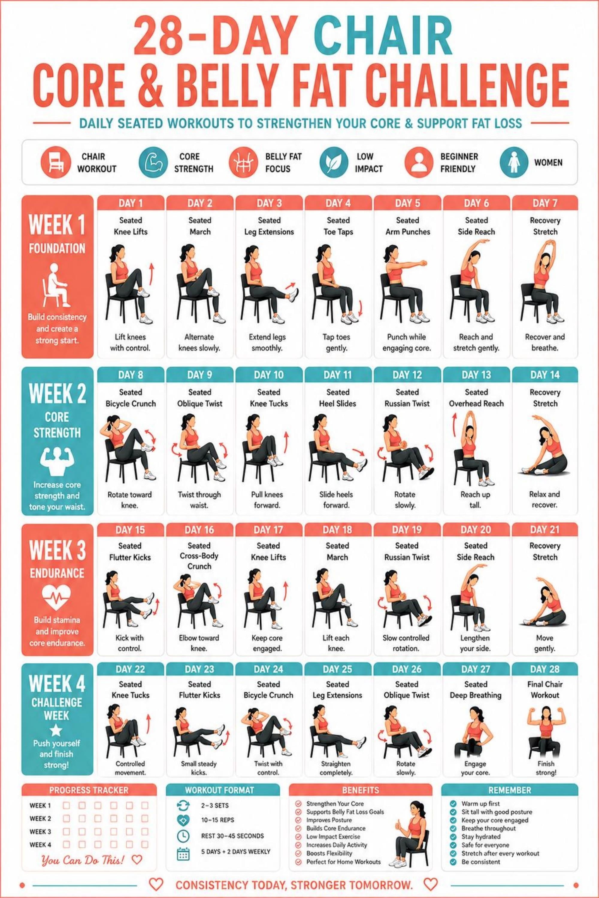 28 Day Chair Core Belly Fat Challenge Poster Workout Chart - Walmart.com