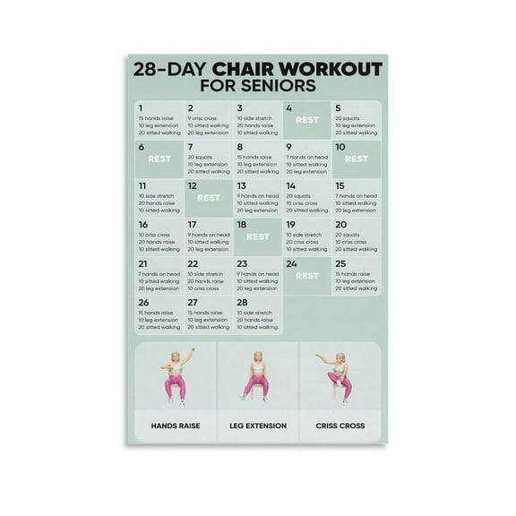 28-Day Chair Workout Poster for Seniors Canvas Wall Art Aesthetic Decorative Painting Living Room Restaurants, Pool Halls