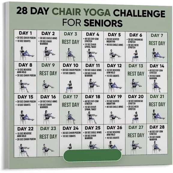 28 Day Chair Yoga Chart Home Yoga for Seniors Training Guide Poster (1) Canvas Print Wall Art Decoration Living Room Office Bedroom Aesthetic poster