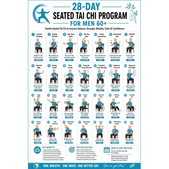 28 Day Seated Tai Chi for Men 60 Plus Poster Fitness Chart - Walmart.com