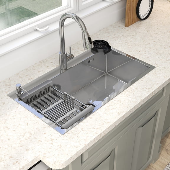 28" Drop In Kitchen Sink Stainless Steel Black Single Sink,Modern Design Durable With Multiple Accessories