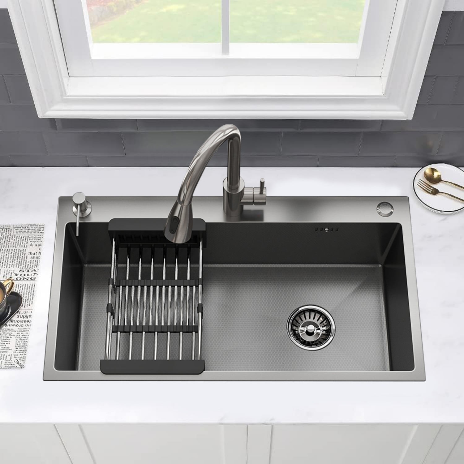 MEANDAROL 28" Drop in Kitchen Sink Stainless Steel Black Single Sink，Modern Design Durable with Multiple Accessories，Net Content: 15LB