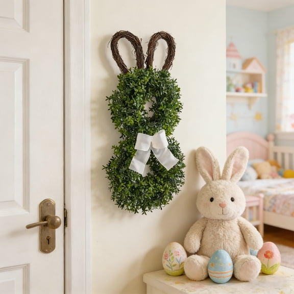 28" Easter Bunny Wreath for Front Door, Artificial Boxwood Rabbit Shaped Door Hanger with Rustic Rattan Ears & White Bow, Large Spring Farmhouse Wall Decor (71cm)