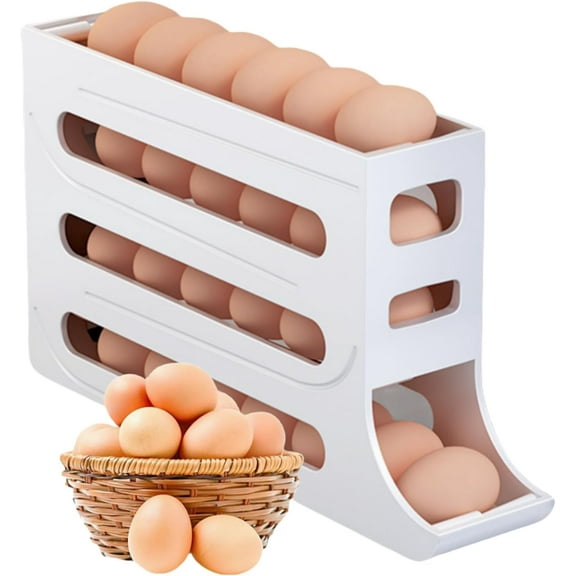 28 Eggs Egg Holder for Fridge, Rolling Egg Dispenser for Refrigerator Automatically, 4 Tiers Fridge Egg Rack, Space-Saving Egg Dispenser Large Capacity Egg Dispenser Container Tray (White)