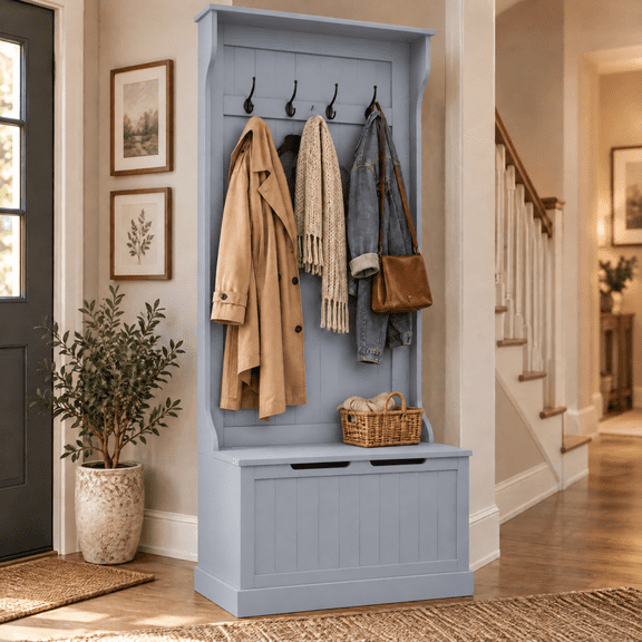 28” Entryway Hall Tree, Entryway Bench With Four Double Hooks, Coat Rack With Storage Compartments For Mudroom And Hallway, Gray