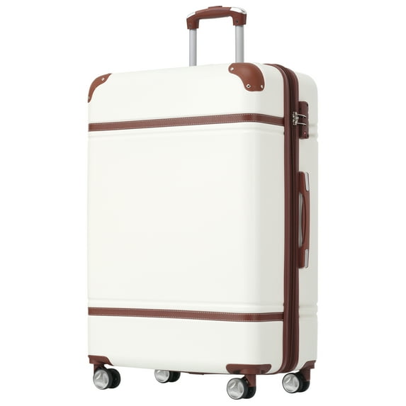 28" Expandable Hardshell Lightweight Luggage, Single Vintage Hardshell Luggage with 360° Spinner Wheels & TSA-Approved Lock - White