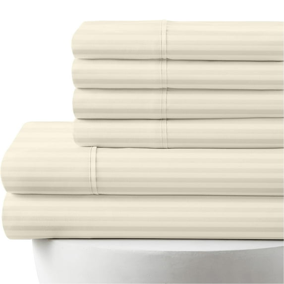 28" Extra Deep Pockets 1000-Thread-Count, 100% Egyptian Cotton, 7-PC Striped Sheet Set, 1000-TC Soft - Split King Size, Ivory Stripe Color