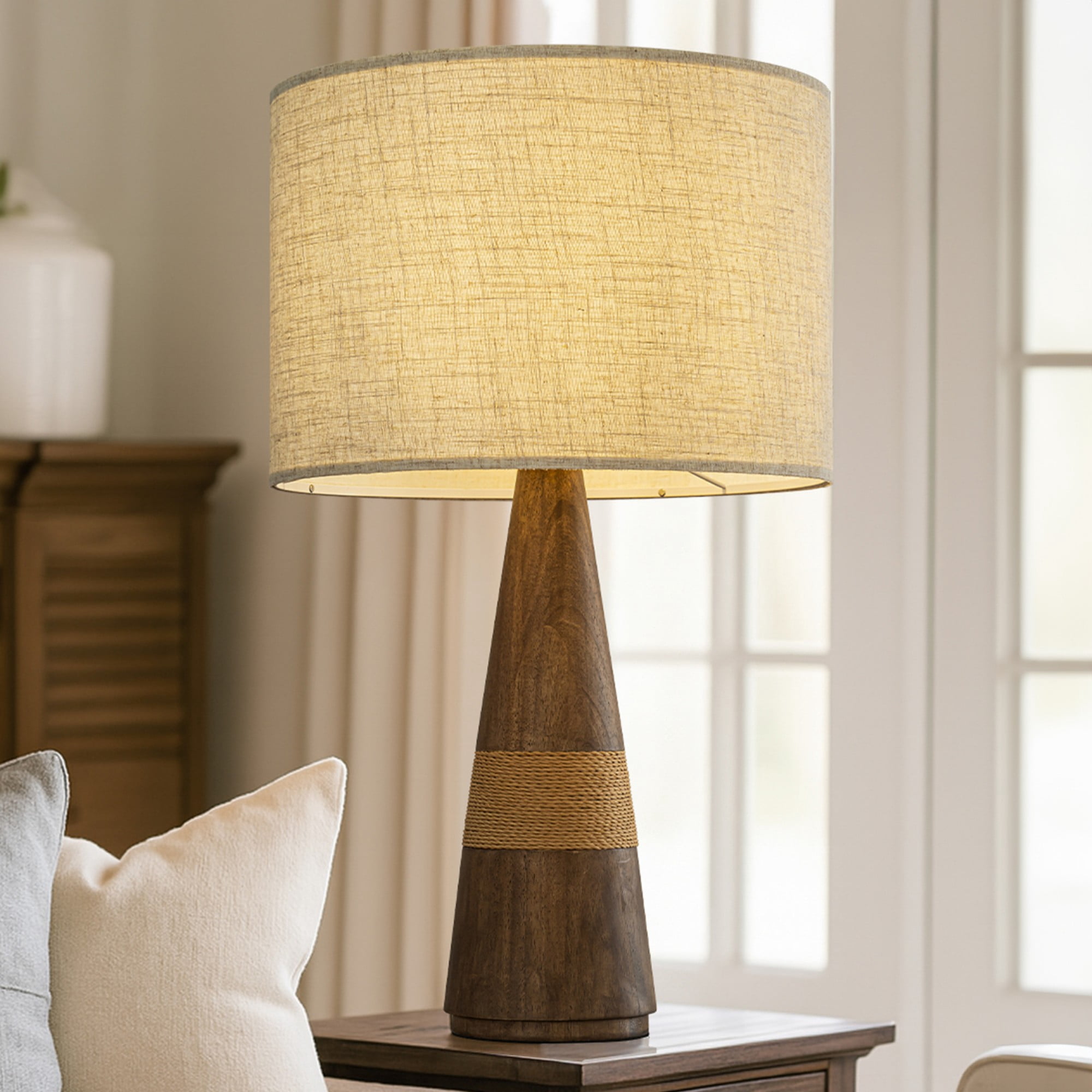 28'' Farmhouse Honey Brown Wood Bedside Table Lamp – Classic Drum Shape Nightstand Lamp with Beige Fabric Shade for Bedroom, Living Room