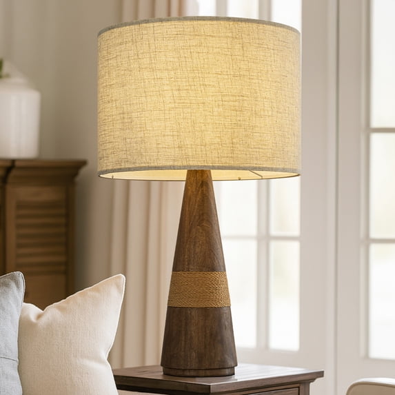 28'' Farmhouse Honey Brown Wood Bedside Table Lamp – Classic Drum Shape Nightstand Lamp with Beige Fabric Shade for Bedroom, Living Room