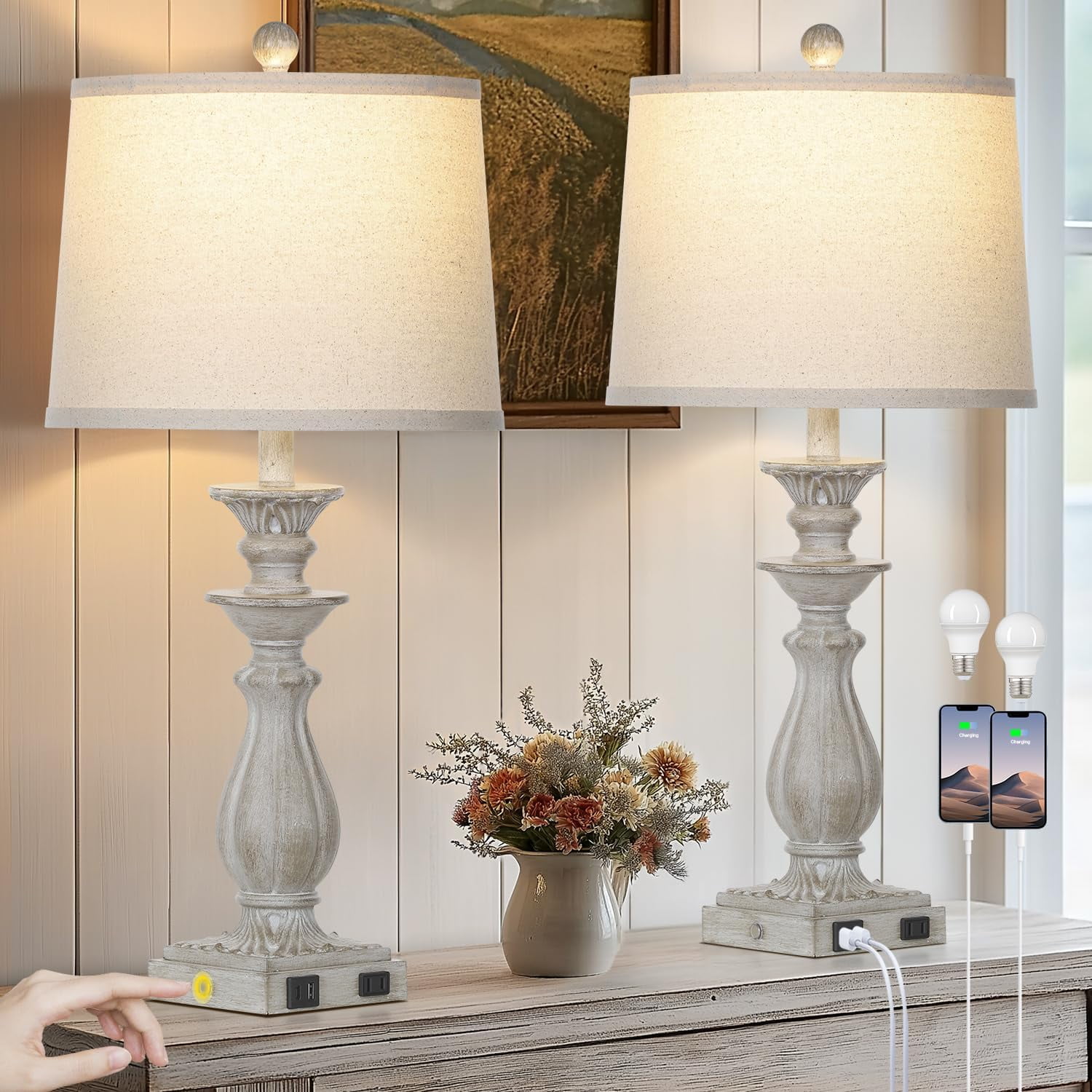 28" Farmhouse Table Lamps for Living Room Set of 2, 3-Way Dimmable Touch Bedside Lamps with USB C+A Ports & AC Outlet, Resin Vintage Tall Grey Nightstand Lamps for Bedroom Office End Table