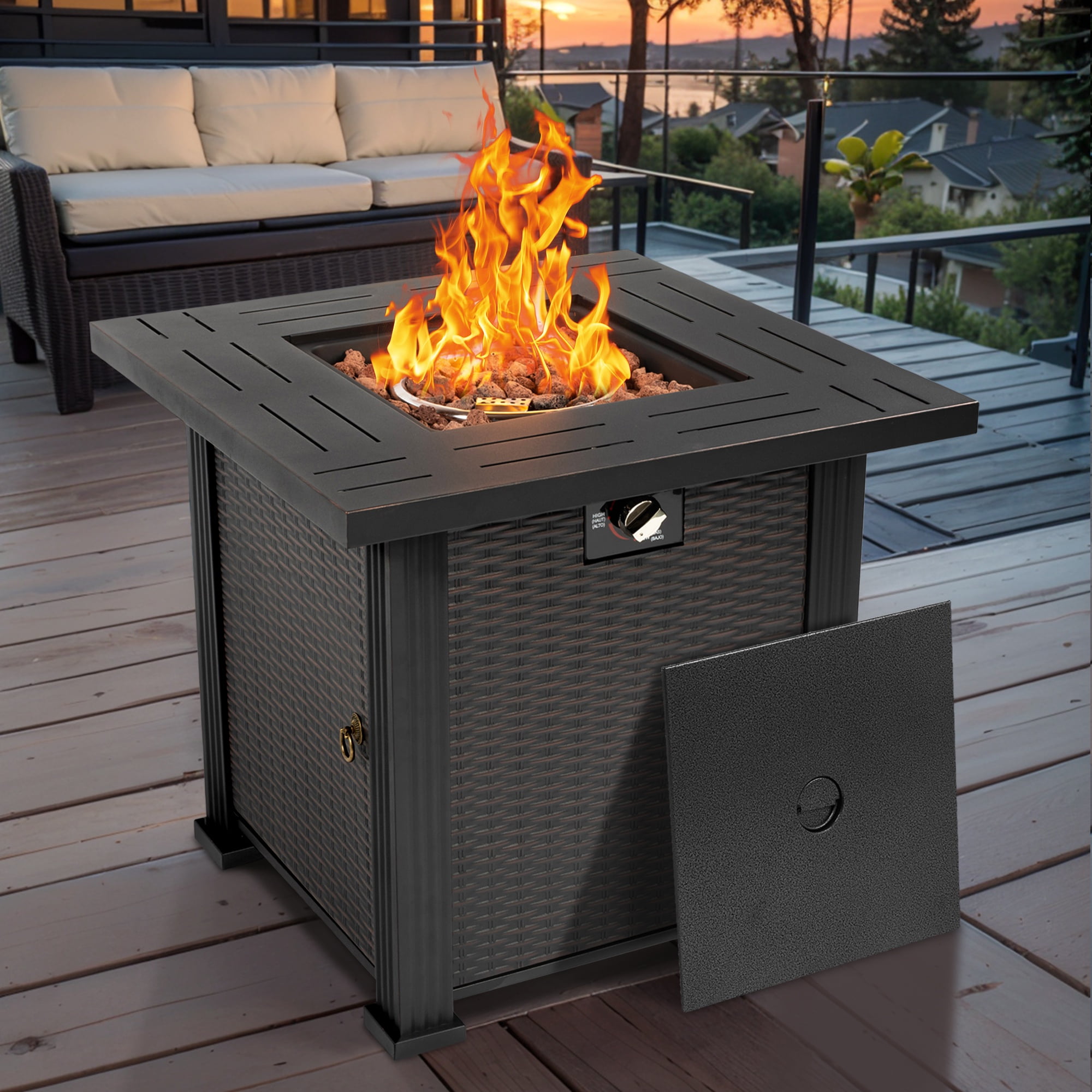 28" Fire Pit Table, Propane Fire Pit with Lid, Lava Rocks, 50000 BTU Outdoor Gas Fire Pit, Metal Square Propane Fire Pit for Outside Garden Backyard Deck Patio, Brown, LLL4008