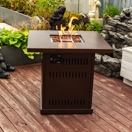 28" Fire Pit Table, Propane Fire Pit with Lid, Lava Rocks, 50000 BTU Outdoor Gas Fire Pit, Metal Square Propane Fire Pit for Outside Garden Backyard Deck Patio, Brown, LLL4008