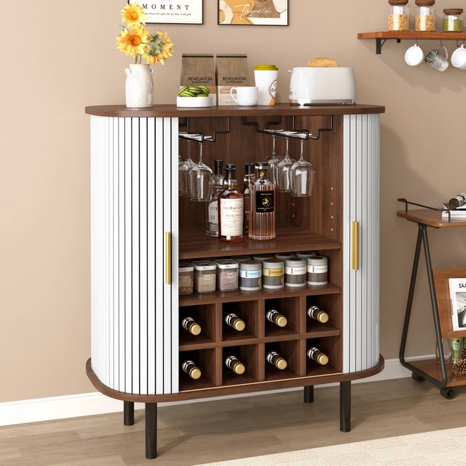 28" Fluted Wine Bar Cabinet – 8-Bottle Wine Rack, 5-Level Adjustable Shelves, 2 Glass Holders, Sliding Tambour Doors, 4 Hidden Side Compartments, Modern Liquor Coffee Station
