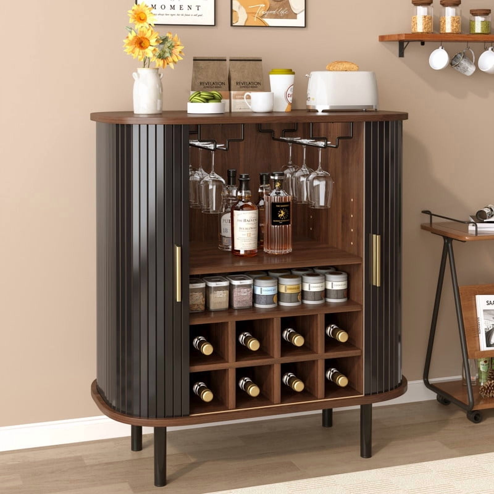28" Fluted Wine Bar Cabinet – 8-Bottle Wine Rack, 5-Level Adjustable Shelves, 2 Glass Holders, Sliding Tambour Doors, 4 Hidden Side Compartments, Modern Liquor Coffee Station