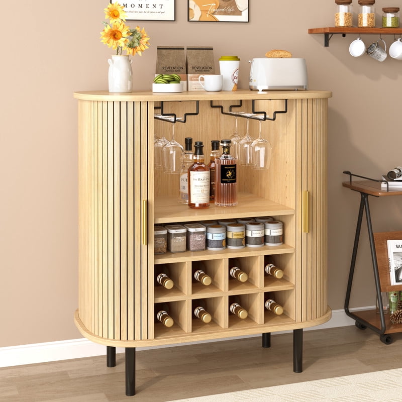 28" Fluted Wine Bar Cabinet – 8-Bottle Wine Rack, 5-Level Adjustable Shelves, 2 Glass Holders, Sliding Tambour Doors, 4 Hidden Side Compartments, Modern Liquor Coffee Station