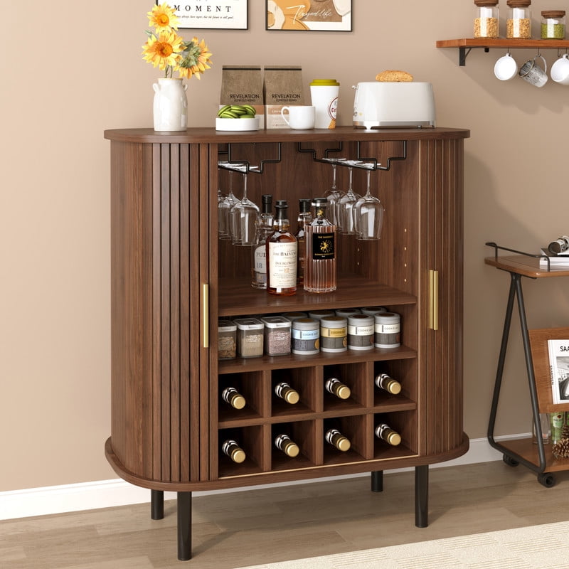 28" Fluted Wine Bar Cabinet – 8-Bottle Wine Rack, 5-Level Adjustable Shelves, 2 Glass Holders, Sliding Tambour Doors, 4 Hidden Side Compartments, Modern Liquor Coffee Station
