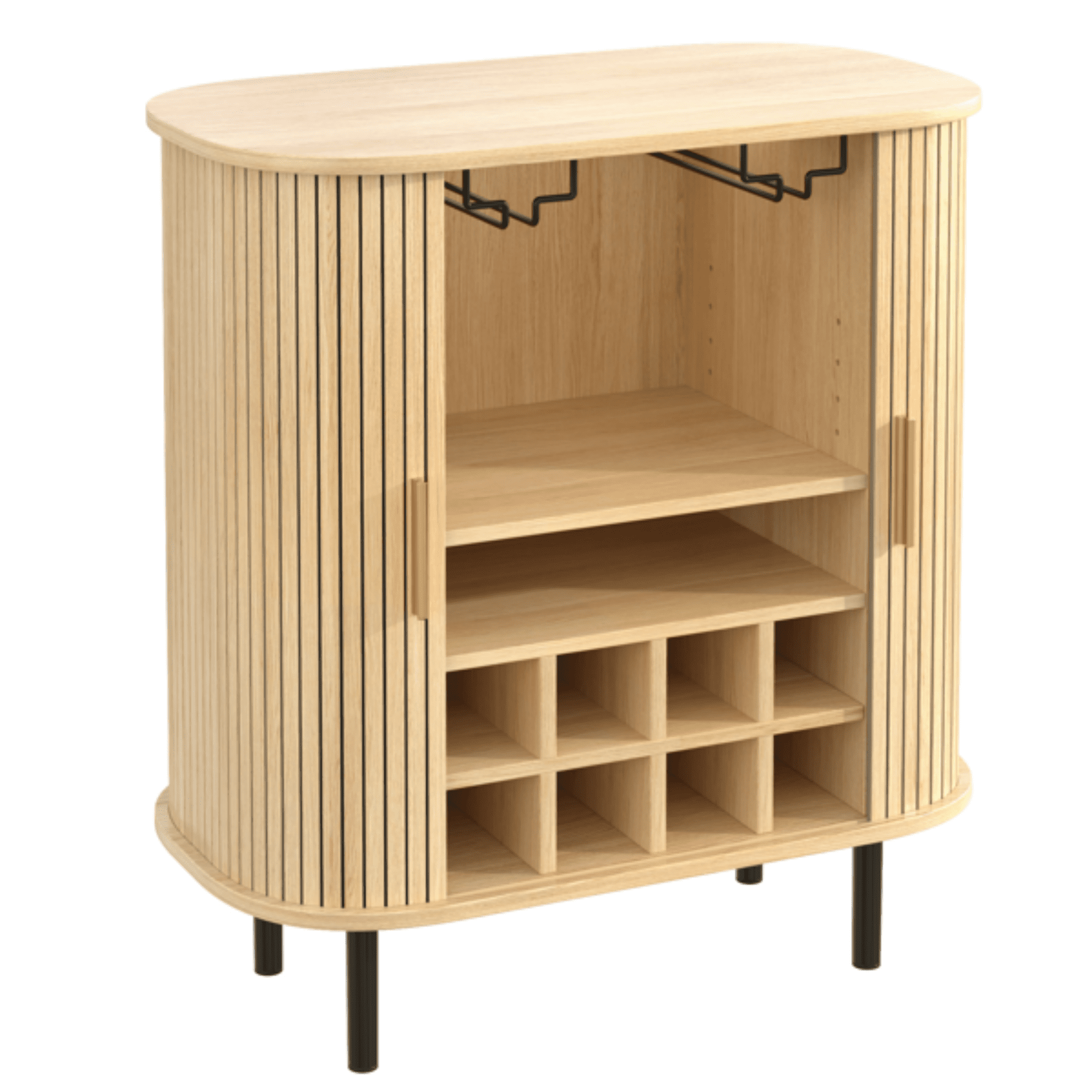 28" Fluted Wine Bar Cabinet with 8-Grid Wine Rack, 5-Level Adjustable Shelves, 2 Glass Holders, Smoothly Sliding Tambour Doors, 4 Hidden Storage Space on the Side,Modern Liquor Coffee Station