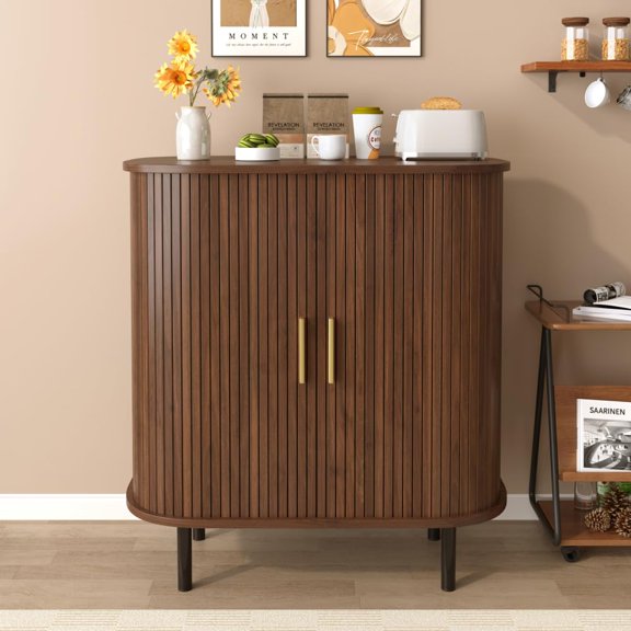 28" Fluted Wine Bar Cabinet with 8-Grid Wine Rack, 5-Level Adjustable Shelves, 2 Glass Holders, Smoothly Sliding Tambour Doors, 4 Hidden Storage Space on the Side, Walnut (Natural + MDF+Metal)