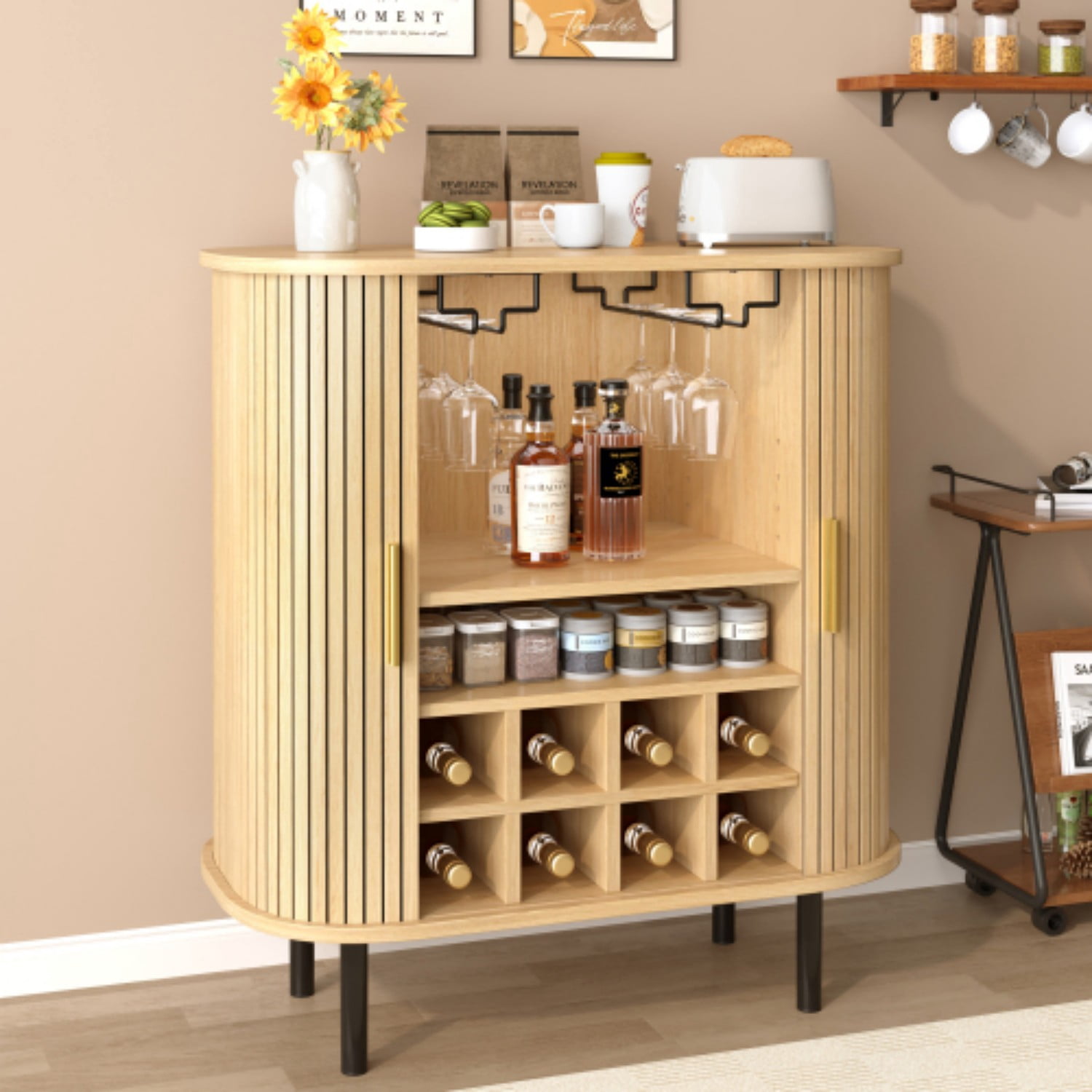 28" Fluted Wine Bar Cabinet, Modern Liquor & Coffee Bar Station with Sliding Tambour Doors, Wine Rack, Glass Holders & Adjustable Shelves, Natural