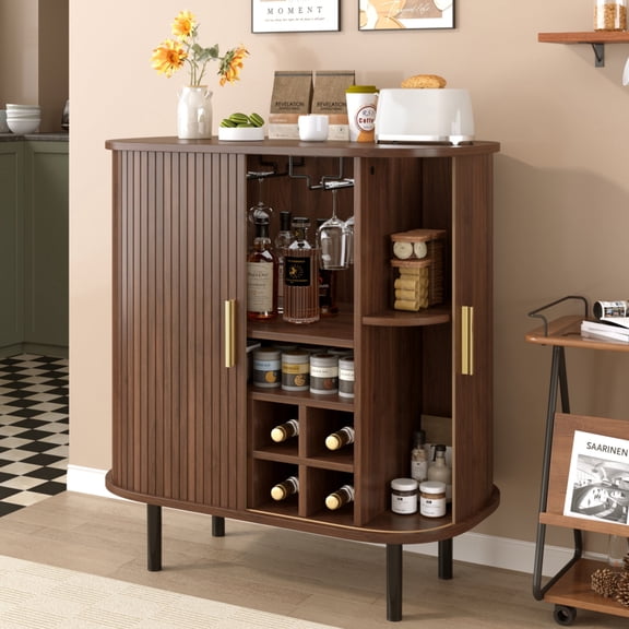 28" Fluted Wine Bar Cabinet, Tambour Sliding Doors, 8-Grid Rack, Modern,Walnut