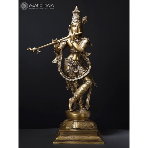 28" Fluting Krishna | Brass Statue