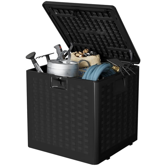 28 Gallon Waterproof Outdoor Storage Box with Lid, UV-Resistant Plastic Deck Box & Side Table, Lockable Patio Storage Bin for Gardening Tools, Cushions & Pool Accessories, Wicker Texture, Black