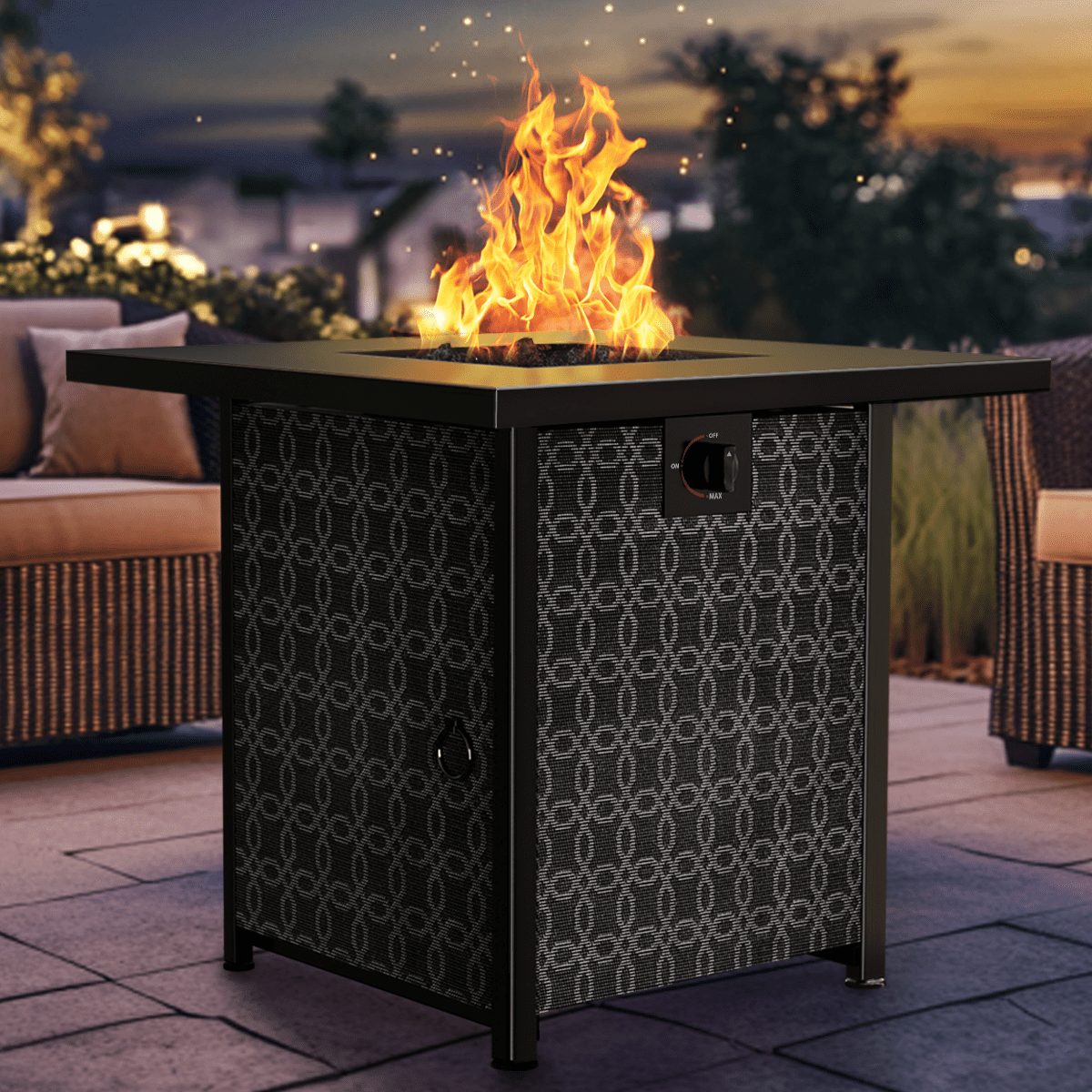 Black 28'' Galvanized Steel and Polyrattan Propane Fire Pit Table