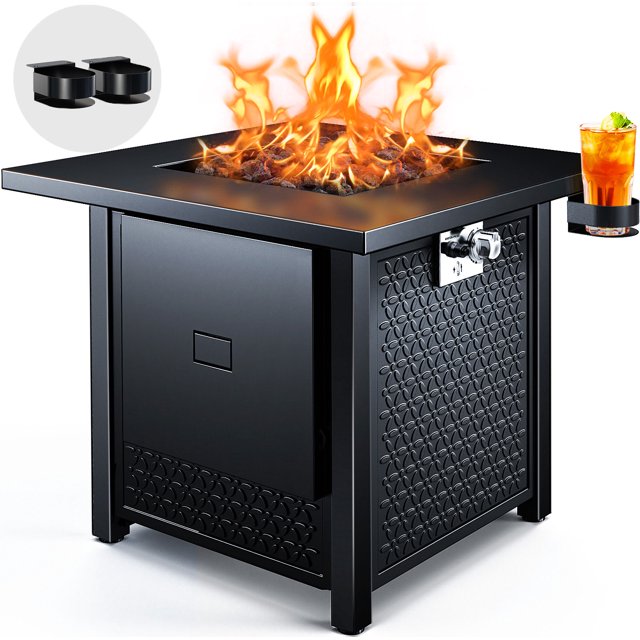 28" Gas Fire Pits with 2 Cup Holders for Outside 50,000 BTU Propane Fire Pit Table with Lid and