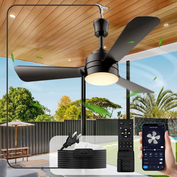 28"Gazebo Fan with Light,Plug in Ceiling Fan Light,Outdoor Ceiling Fan with Light,Hanging Fan with Hook,35W 3000-6500k,Remote/APP Control,Portable Fan Light for Patios,Porch