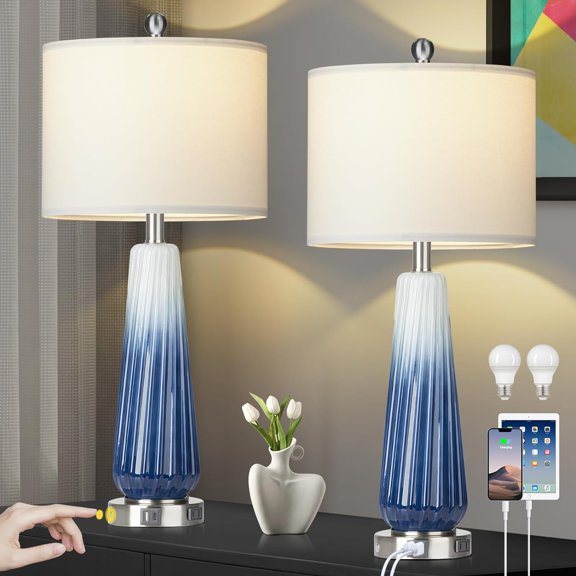 28" Glass Table Lamp Set of 2, Modern Table Lamps with USB A+C Ports & AC Outlet, Touch Control Bedside Nightstand Lamp with LED Night Light & White Fabric Shade for Living Room Blue(4 Bulbs Included