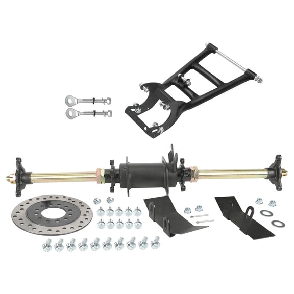 28" Go Kart Rear Axle Kit with Brake Disc & Sprocket Cover & 3 Stud Wheel Hubs + Swing Arm Suspension, Complete Rear End Frame for 110cc 125cc 150cc Taotao ATV Quad Buggy 4 Wheeler Drift Trike