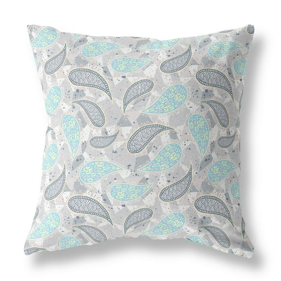 28†Gray Turquoise Boho Paisley Indoor Outdoor Throw Pillow