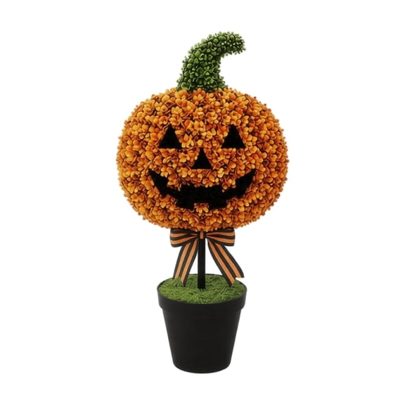 28" Halloween Pumpkin Topiary Tree in Pot -Artificial Potted Plant with Bow Boxwood Tree for Front Door Porch Decor Artificial Holiday Welcome Tree for Indoor Outdoor