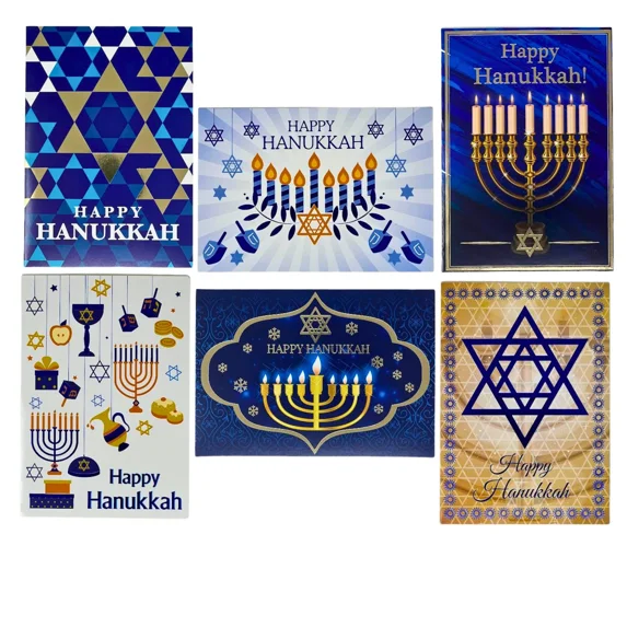 28 Hanukkah Greeting Cards – 4 Assorted Religious Holiday Cards W/ Foil
