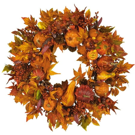 Nearly Natural 28" Harvest Wreath, Artificial Flowers, Orange