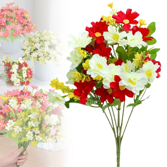 28-Head Artificial Daisy Bunch, Mixed White Red Green for Mason Jar Arrangement, Craft Flowers for Birthday Cake Table or Spring Wedding Decor, 13" Bendable Stem, By Harlik