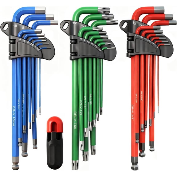 28- Hex Key Allen Wrench Set, SAE & Metric Long Arm Ball End Hex Key Set with Bonus Torque Handle, Industrial Grade Allen Wrench Set