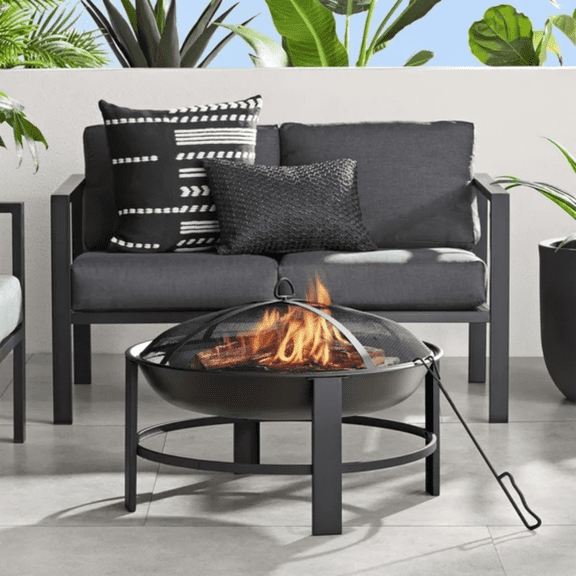 28 In Round Wood Burning Fire Pit Steel Frame with Mesh Screen Poker Grate and Cover