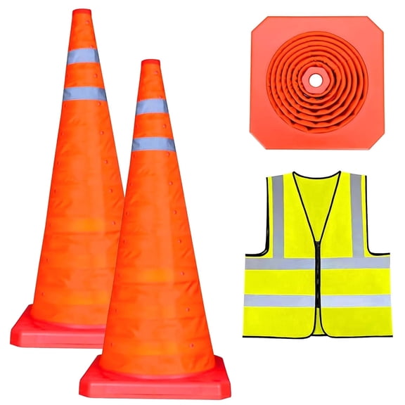 28 Inch 2 pcs  Collapsible Traffic Safety Cones,with High-Visibility Reflective Vest, Multi Purpose Pop-up Cones with Reflective Collar for Road Safety