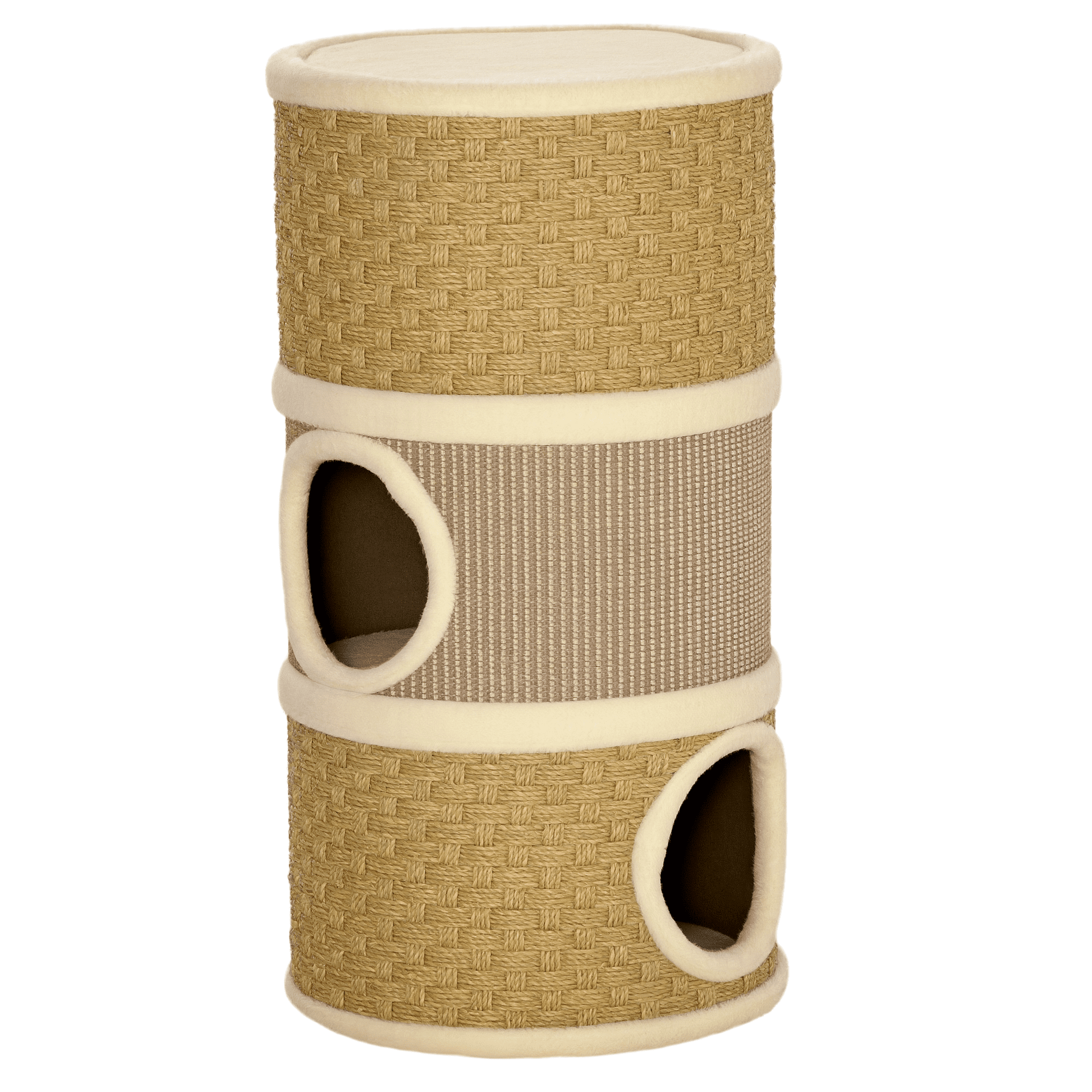28 Inch 3-Story Cat Condo, Barrel Shaped Indoor Cat Tree with Sisal Scratching Pad, Soft Plush Lining Stable Particleboard Cat Hideaway for Small Cats, Khaki & Brown