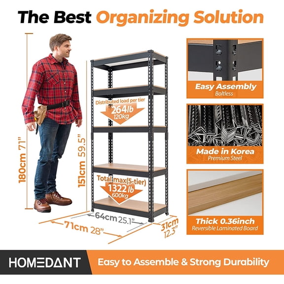 28 Inch 5-Tier Heavy Duty Garage Shelving Unit, Adjustable Metal Storage Rack for Pantry Closet Black
