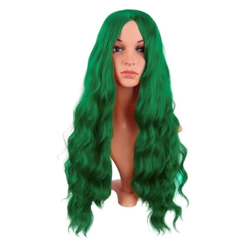 28 Inch/70 cm Long Wavy Middle Part with No Bangs Synthetic Fiber Curly Fashion Women Party Cosplay Wig (Grass Green)
