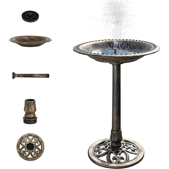 28 Inch Bird Bath with Solar Fountain Antique Copper Weather Resistant Resin Pedestal Birdbaths Floral Accents and Vintage Finish Garden Decor for Outdoor Lightweight Courtyard…