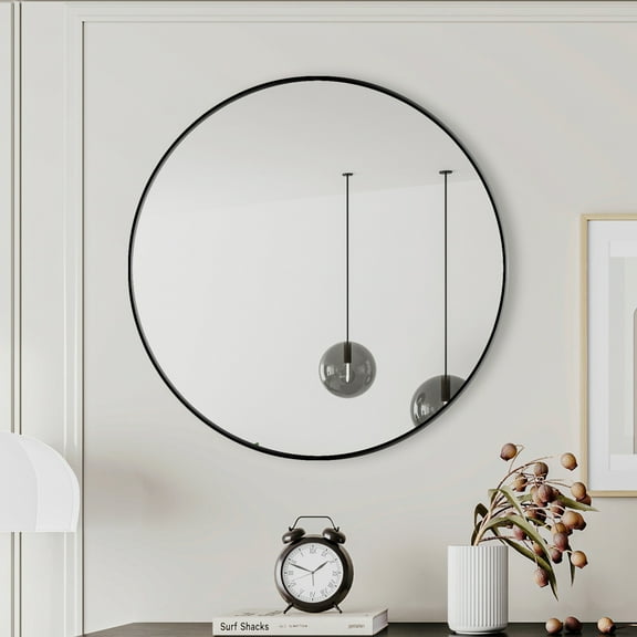28 Inch Black Circular Metal Framed Wall Mirror Fog Resistant for Bathroom Vanity Living Room Bedroom Decor