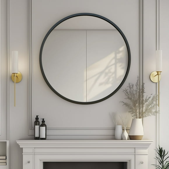 28 inch Black Round Mirror, Bathroom Vanity Wall Mirror, Entryway Living Room Decor, Framed