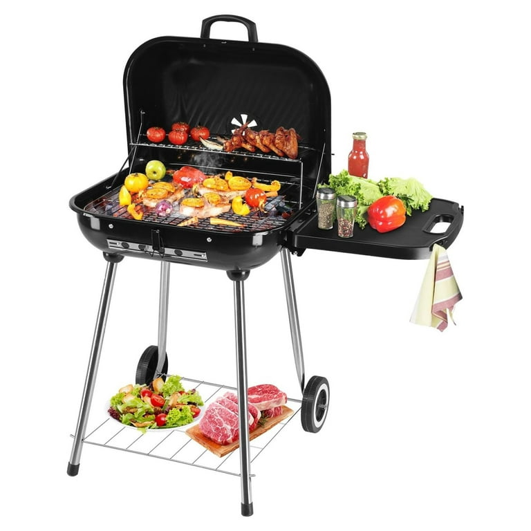 28 Inch Charcoal Grills with Wheels and Foldable Side Shelf Barbecue Grill for Outdoor Cooking Barbecue Camping BBQ Charcoal BBQ Grill with Adjustable Vents on Lid for Backyard Patio Picnic Deck