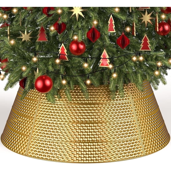 28 Inch Christmas Tree Collar, Metal Holiday Skirt Decor Accessory, Christmas Tree Cover for Christmas Tree Decorations - Gold
