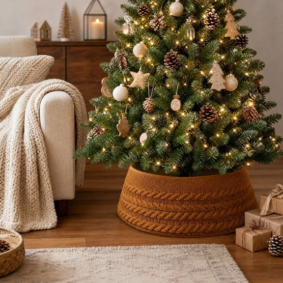28 Inch Christmas Tree Collar, Neutral Chunky Diamond Quilted Knit Tree Base Cover Ring Skirt, Rustic Farmhouse Basket Collar for Xmas Home Office Holiday Decor, Fits 4-6 ft Trees(Brown)