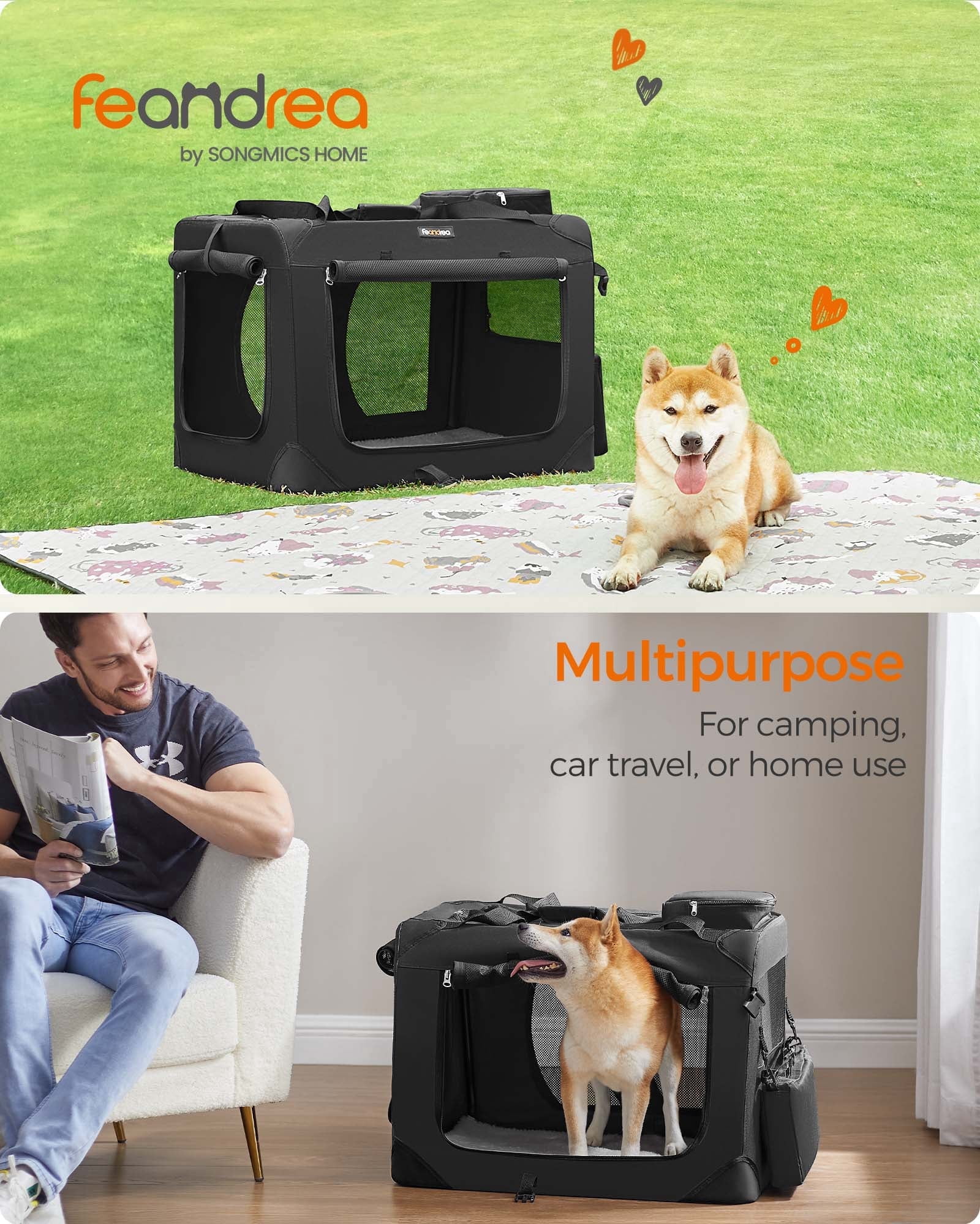 28-Inch Collapsible Dog Crate, Portable Pet Carrier with 3 Doors & Safety Zippers, Water-Resistant Soft Kennel for Medium Dogs, Black