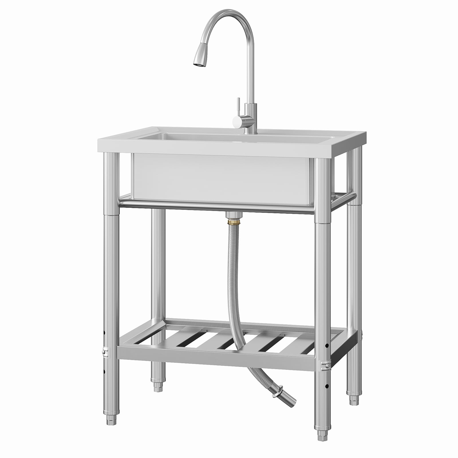 28 Inch Commercial Kitchen Sink, Single Bowl Stainless Steel Utility Sink with Pull-Out Faucet, Freestanding Washing Hand Basin with Open Storage Shelf for Garage, Restaurant, Laundry Room